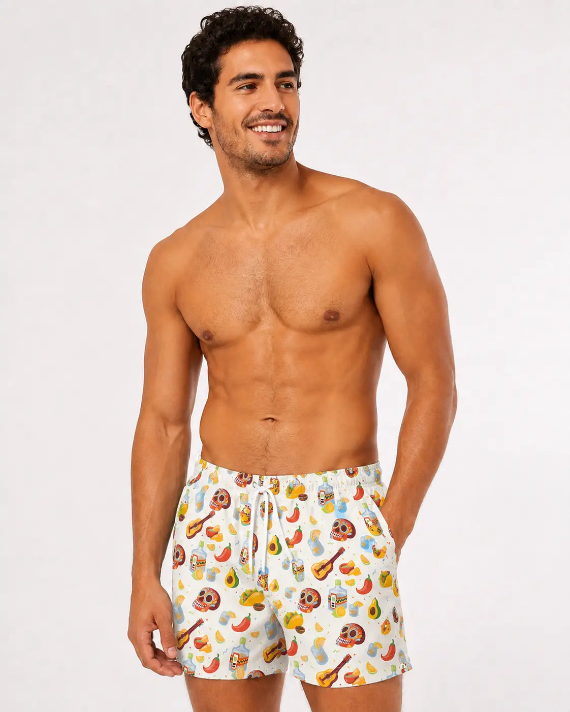 Modelo con pantaloneta de hombre Jackman estampado Mexicana de calaveras y motivos mexicanos, secado rápido y filtro UV