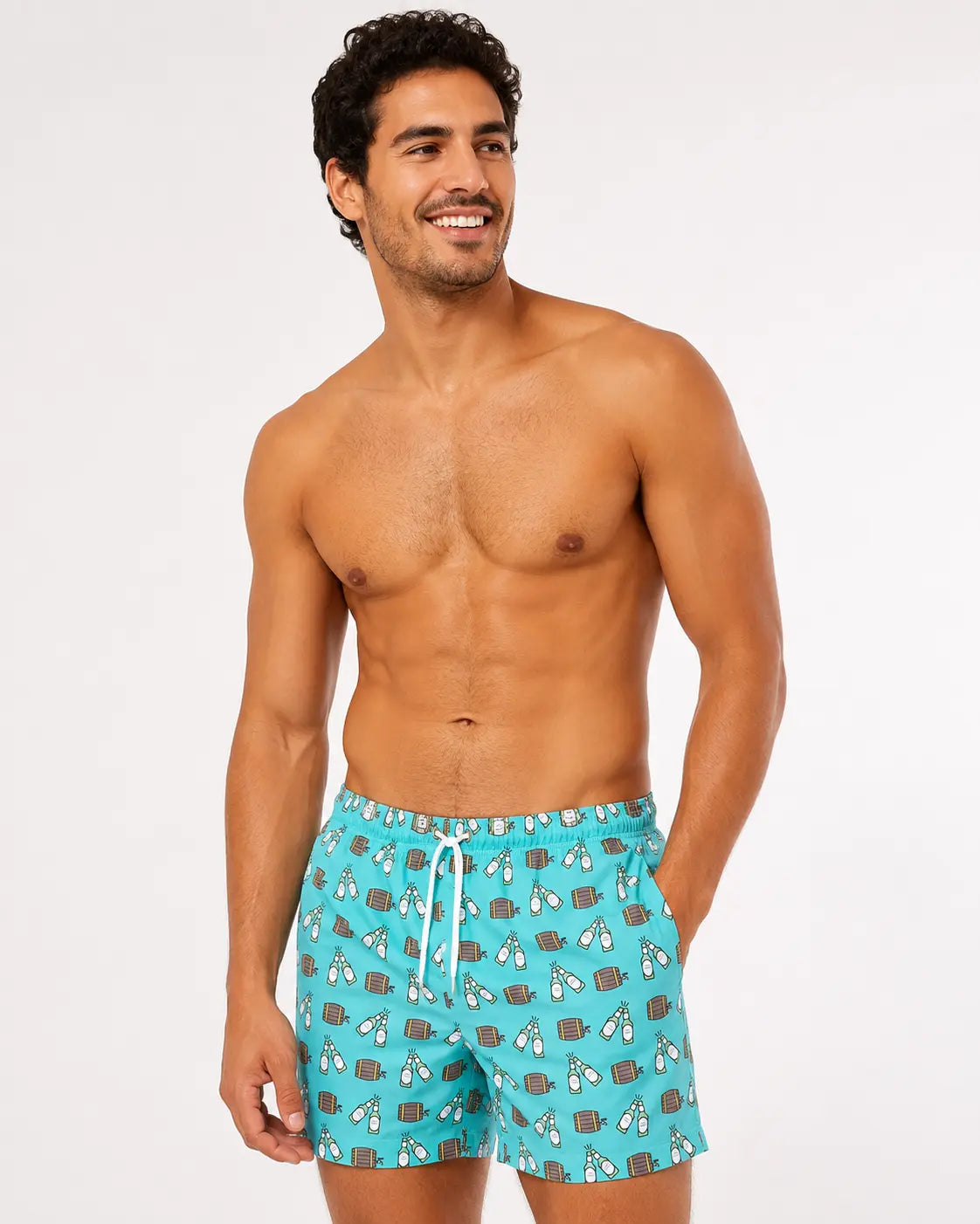 Modelo con pantaloneta de hombre Jackman, estampado de barriles turquesa, secado rápido y filtro UV